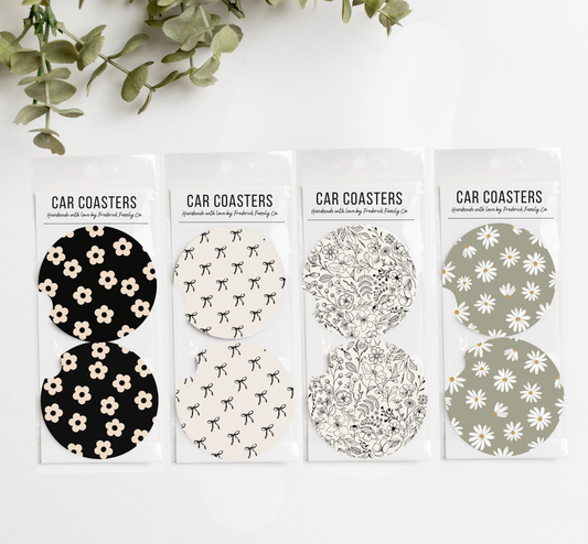 Car Coasters, Set of 2 Car Floral Coasters, Cute Car Accessories, Cup Holder Coasters, Preppy Retro Smiley Daisy Checker Car Coasters