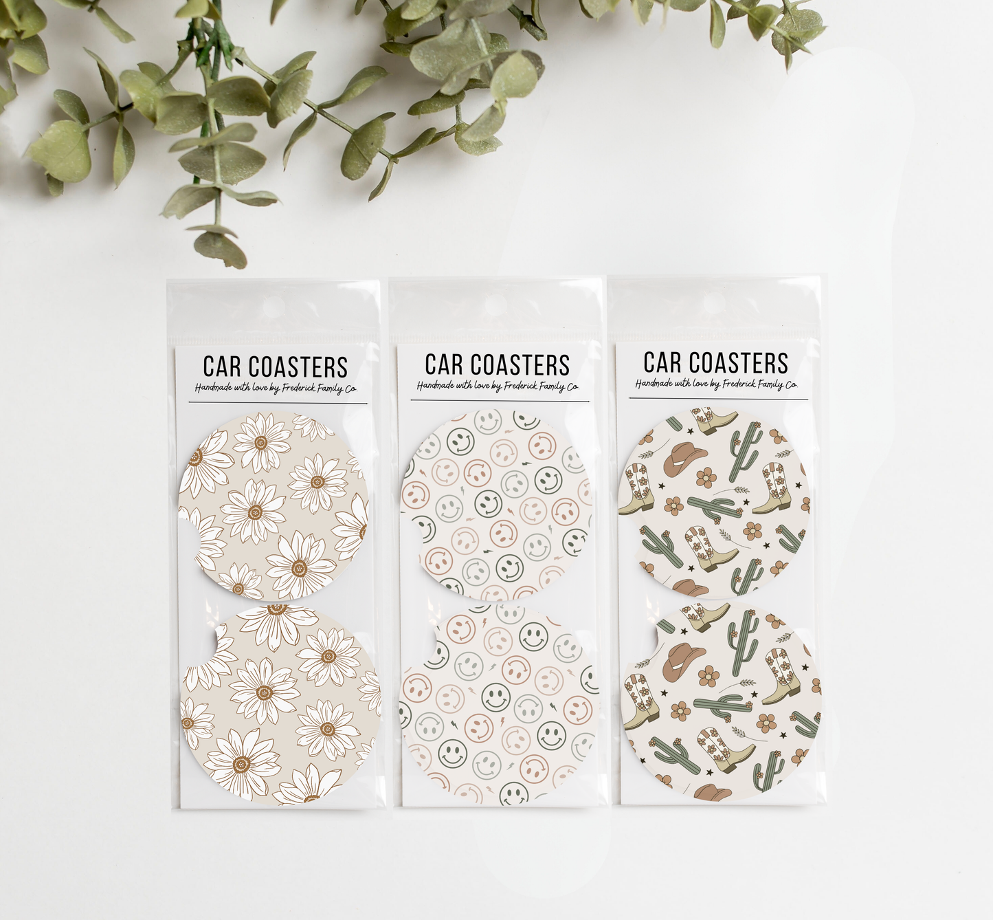 Car Coasters, Set of 2 Car Floral Coasters, Cute Car Accessories, Cup Holder Coasters, Preppy Retro Smiley Daisy Checker Car Coasters