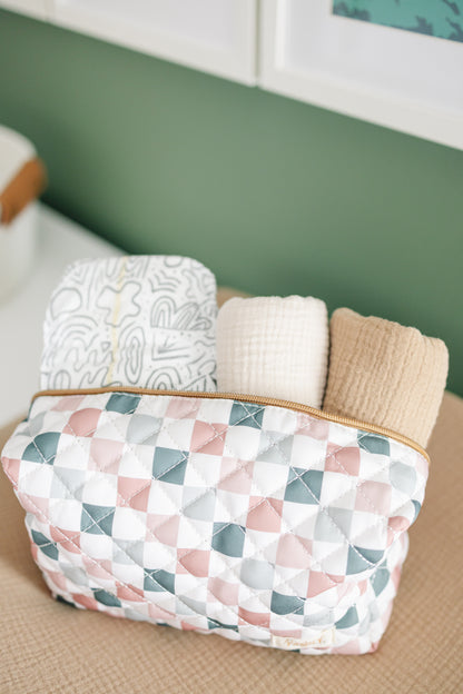 Quilted Makeup Bag for Women | Self Standing Toiletry Organizer Pouch | Large Collapsible Travel Bag | Cute Gift for Her