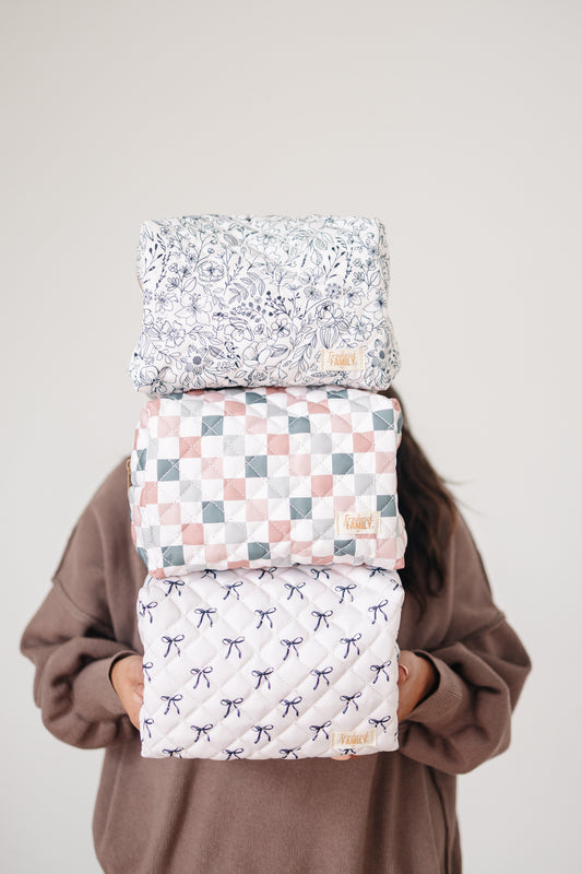 Quilted Carry All Pouch for Women – Large Makeup Organizer Bag, Stand Up Toiletry Case, Wide Zipper Opening, Cute Travel Pouch