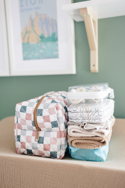 Quilted Makeup Bag for Women | Self Standing Toiletry Organizer Pouch | Large Collapsible Travel Bag | Cute Gift for Her