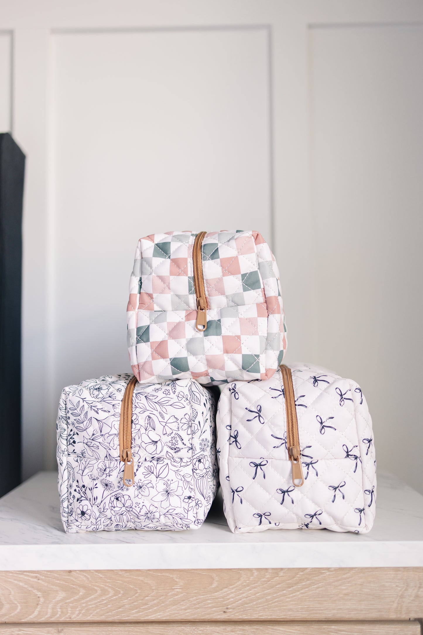 Quilted Makeup Bag for Women | Self Standing Toiletry Organizer Pouch | Large Collapsible Travel Bag | Cute Gift for Her