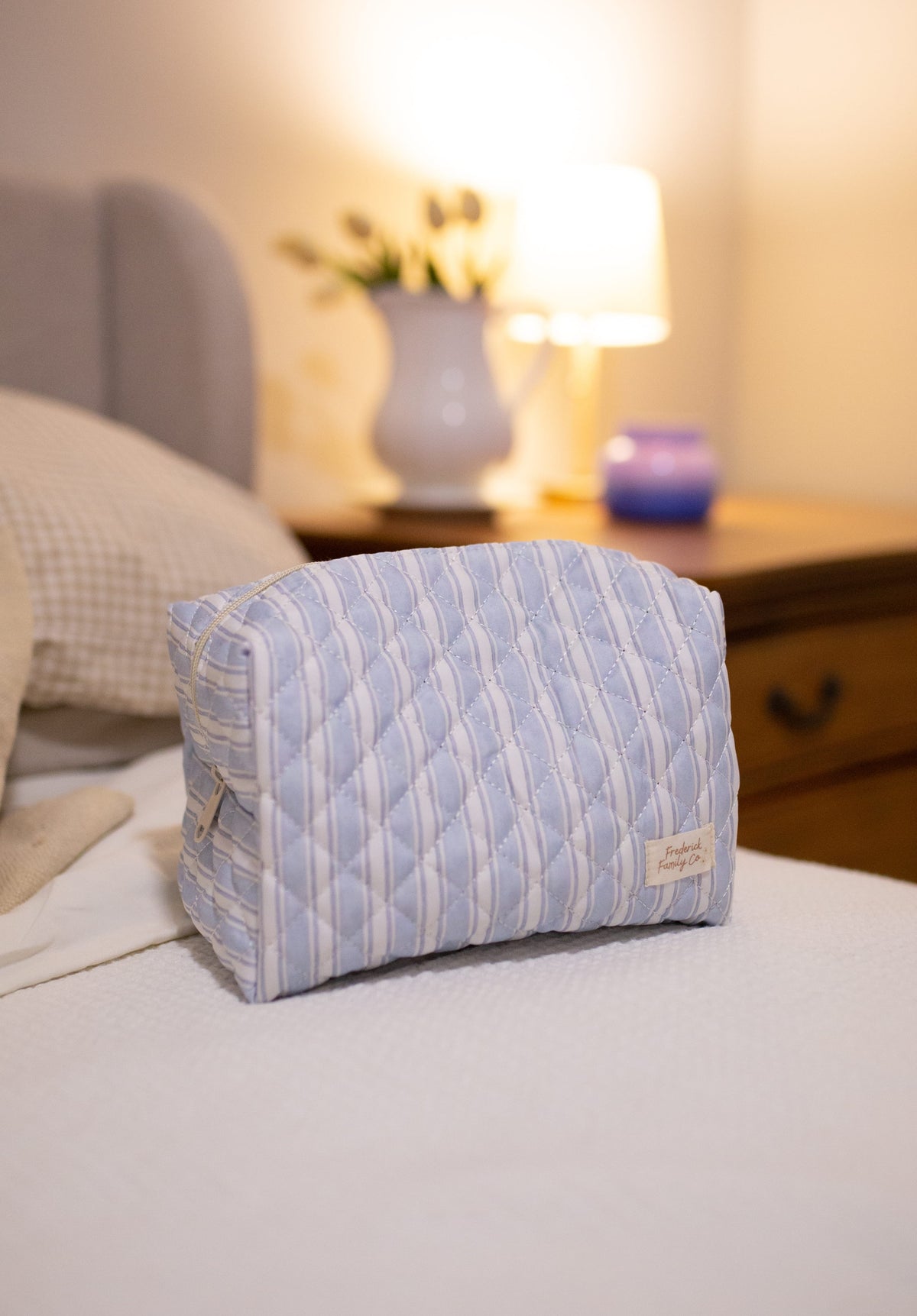 Frederick Family Co. Quilted Makeup Bag for Women, Self Standing Toiletry Pouch, Large Collapsible Travel Bag