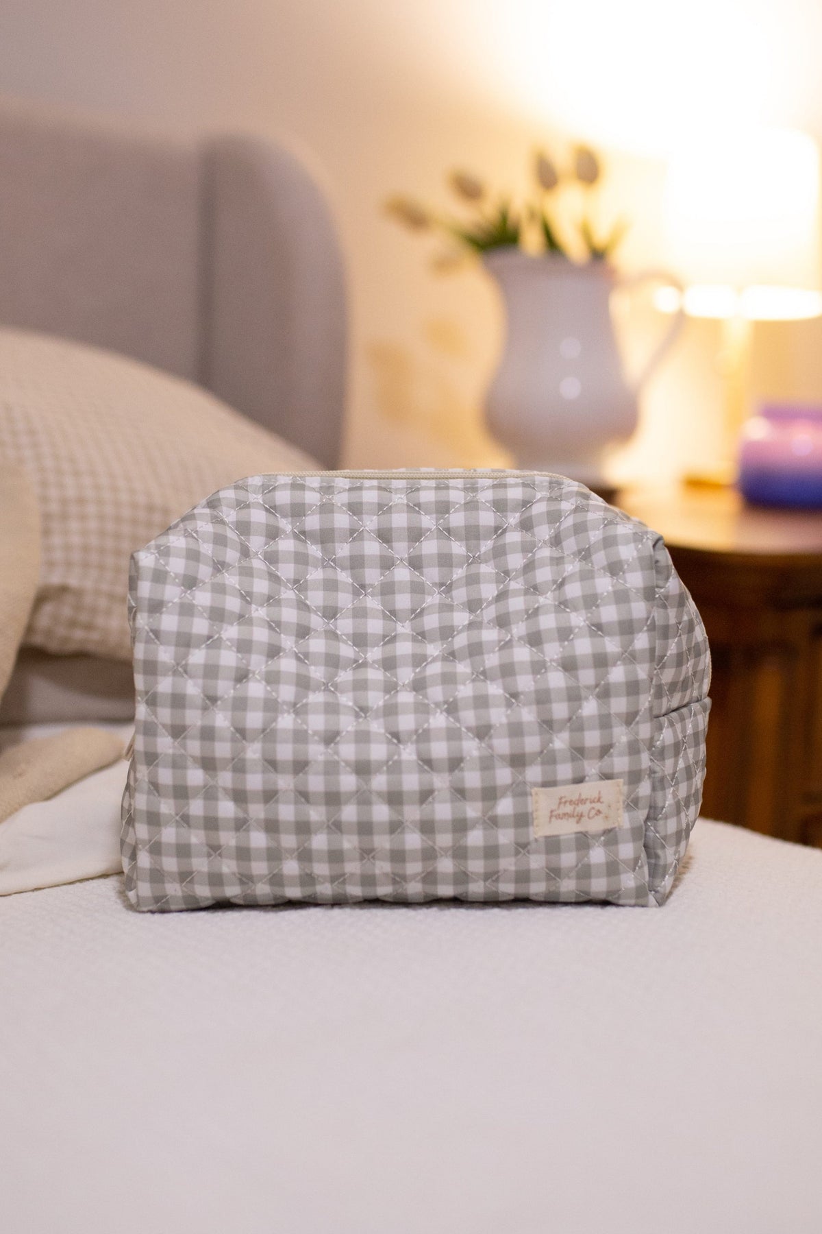 Frederick Family Co. Quilted Makeup Bag for Women, Self Standing Toiletry Pouch, Large Collapsible Travel Bag