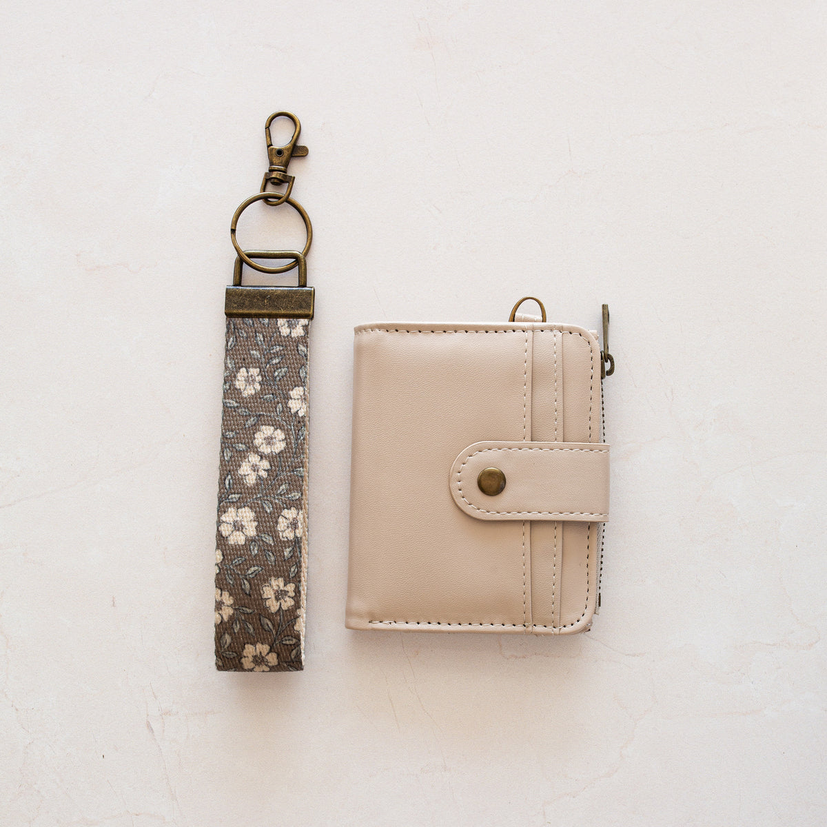Beige bifold wallet with Brown White Flower wrist lanyard