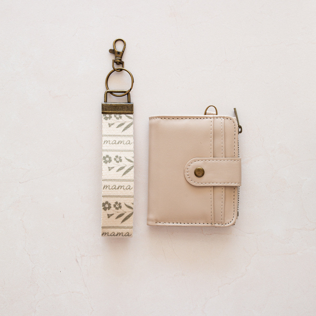 Beige bifold wallet with Mama wrist lanyard