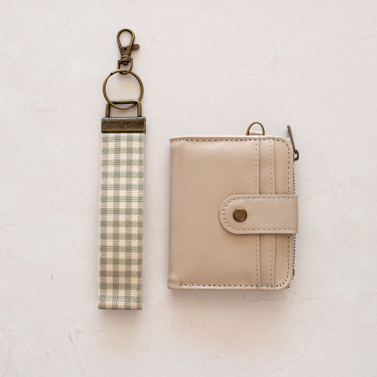 Beige bifold wallet with Green Gingham wrist lanyard