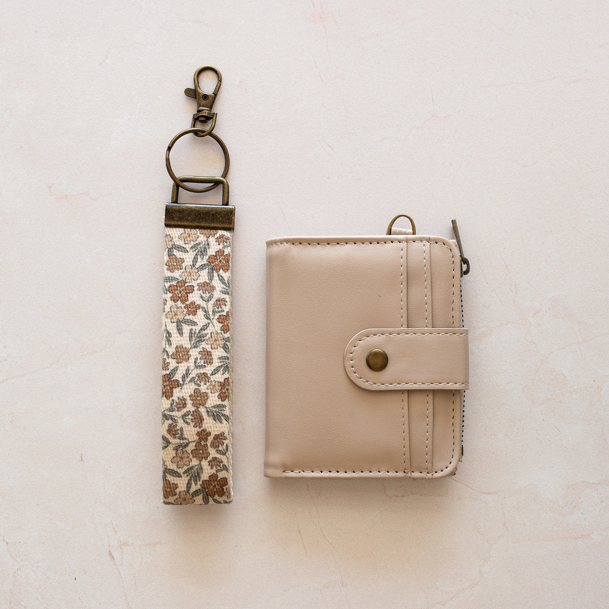 Beige bifold wallet with Harvest Flower wrist lanyard