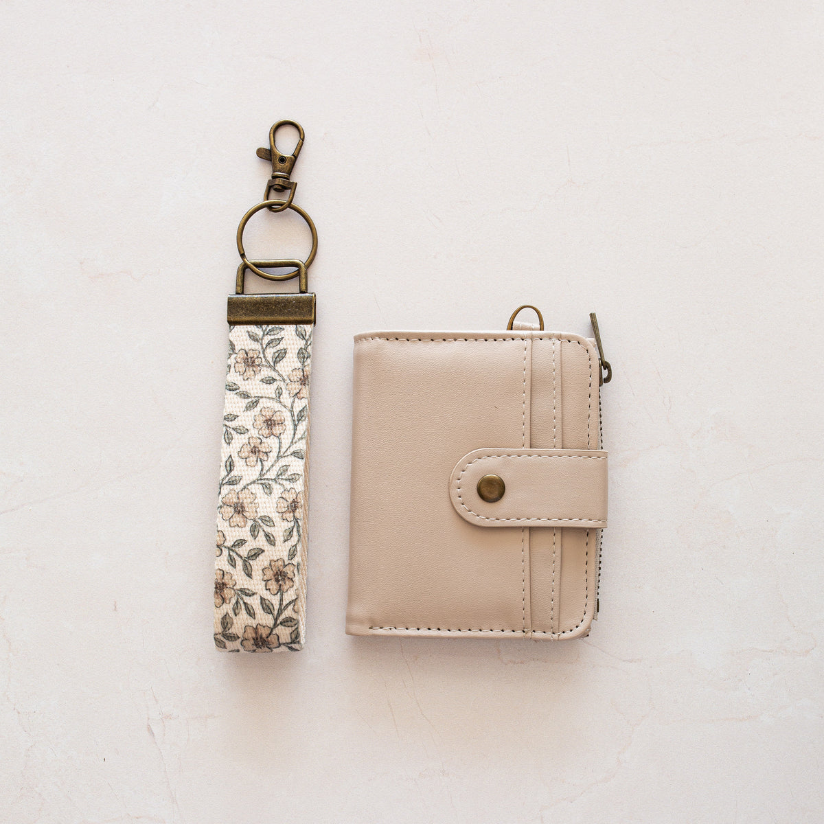 Beige bifold wallet with Pink Floral wrist lanyard