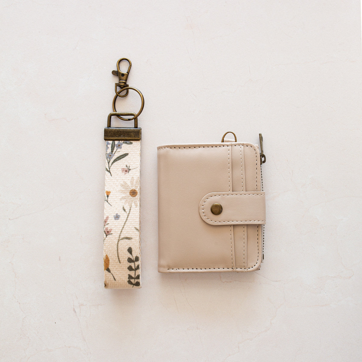 Beige bifold wallet with Floral Garden wrist lanyard