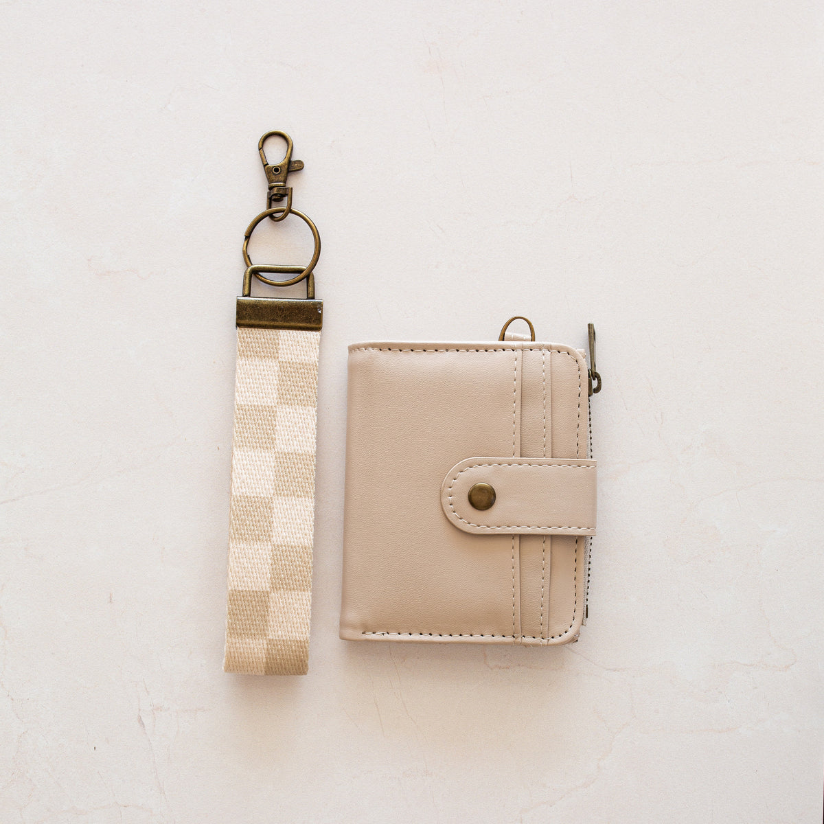 Beige bifold wallet with Beige Checker wrist lanyard