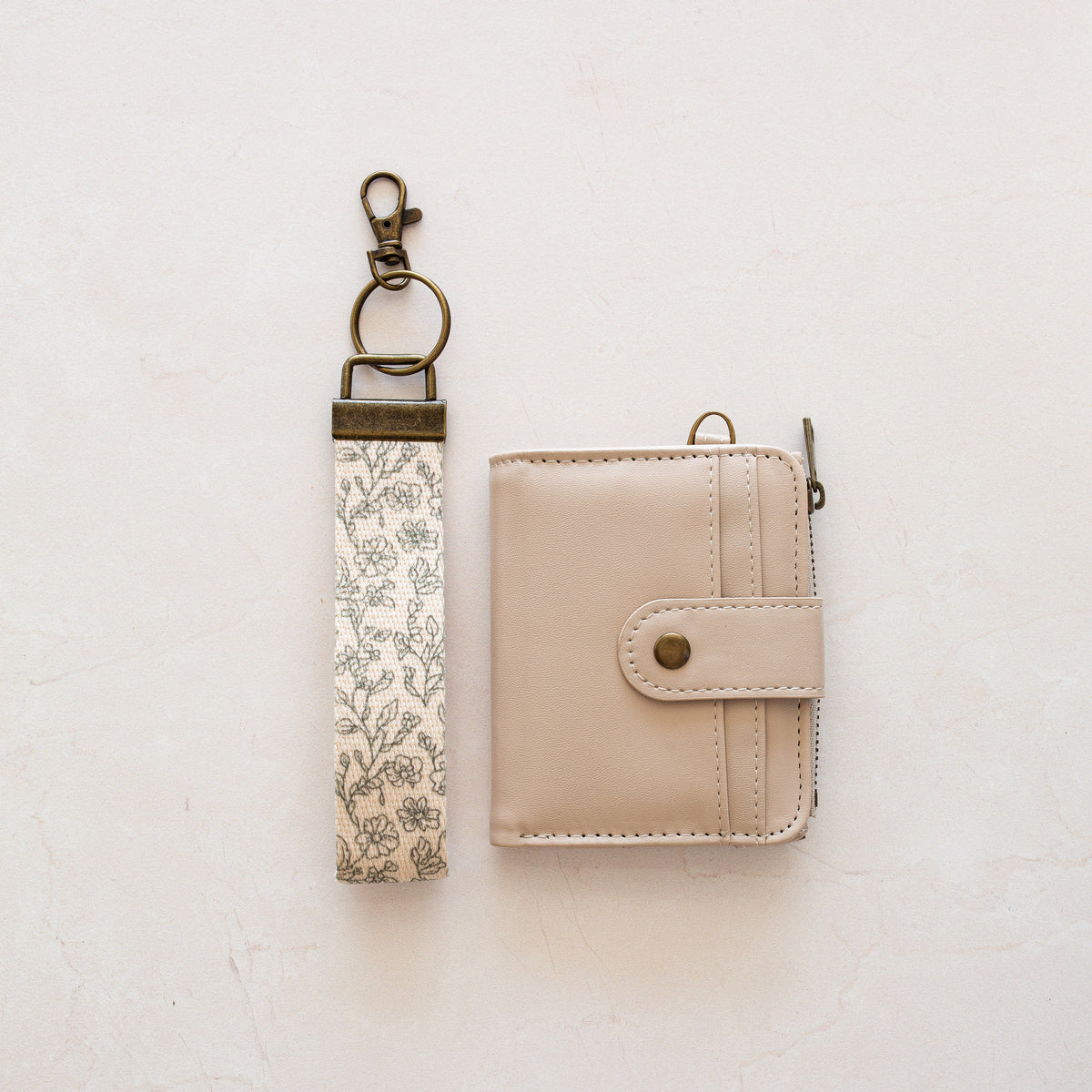 Beige bifold wallet with Green Floral wrist lanyard