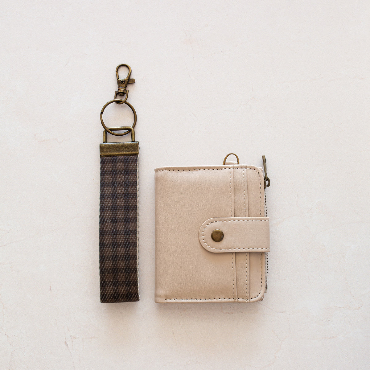 Beige bifold wallet with Brown Plaid wrist lanyard