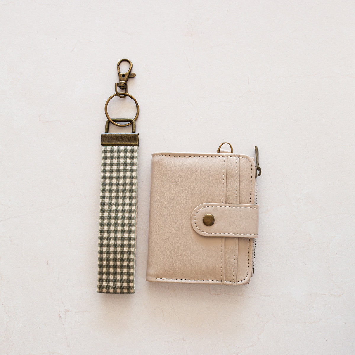 Beige bifold wallet with Olive Gingham wrist lanyard
