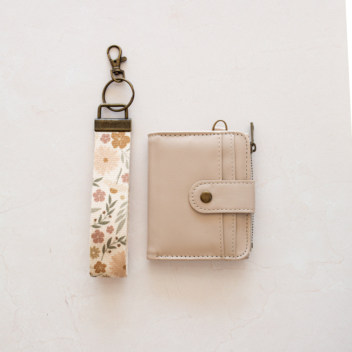 Beige bifold wallet with Spring Flower wrist lanyard