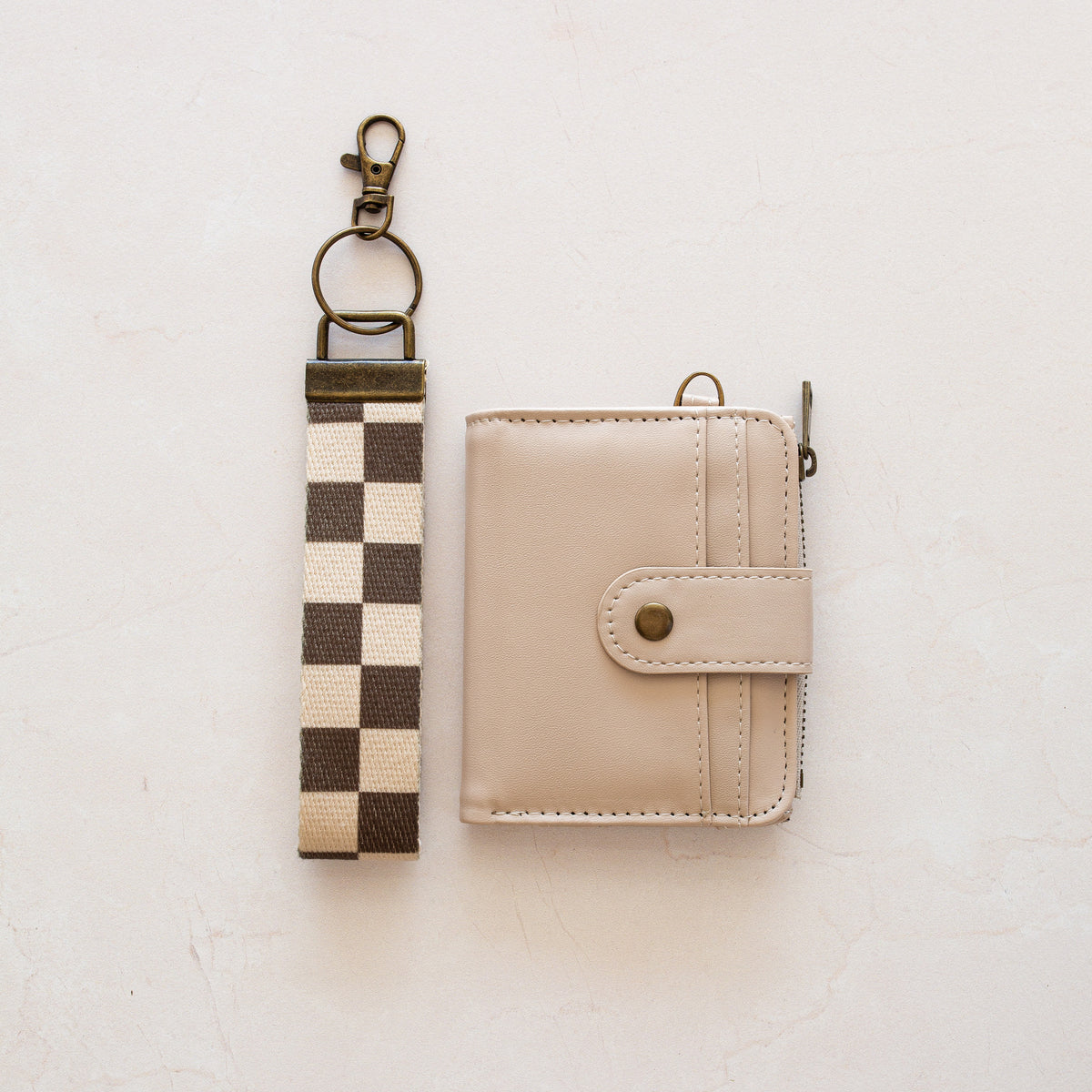 Beige bifold wallet with Brown Checker wrist lanyard