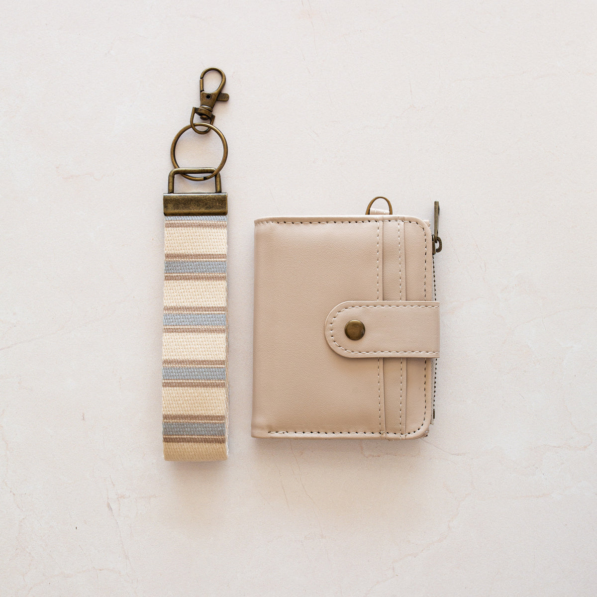 Beige bifold wallet with Blue Beige Stripe wrist lanyard