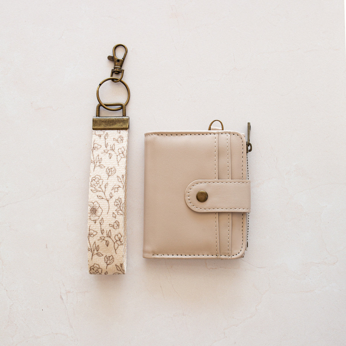 Beige bifold wallet with Brown Floral wrist lanyard