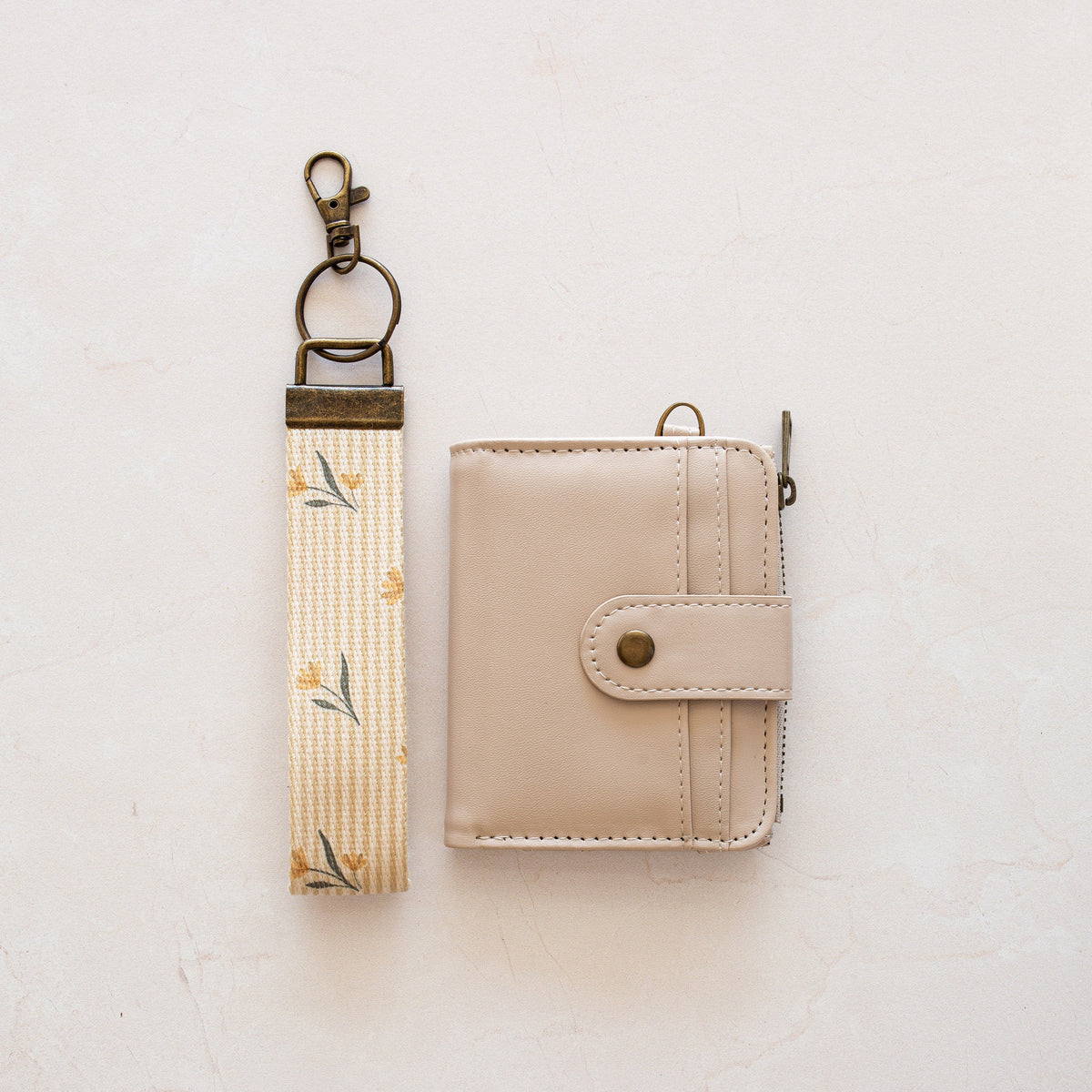 Beige bifold wallet with Yellow Block Floral wrist lanyard