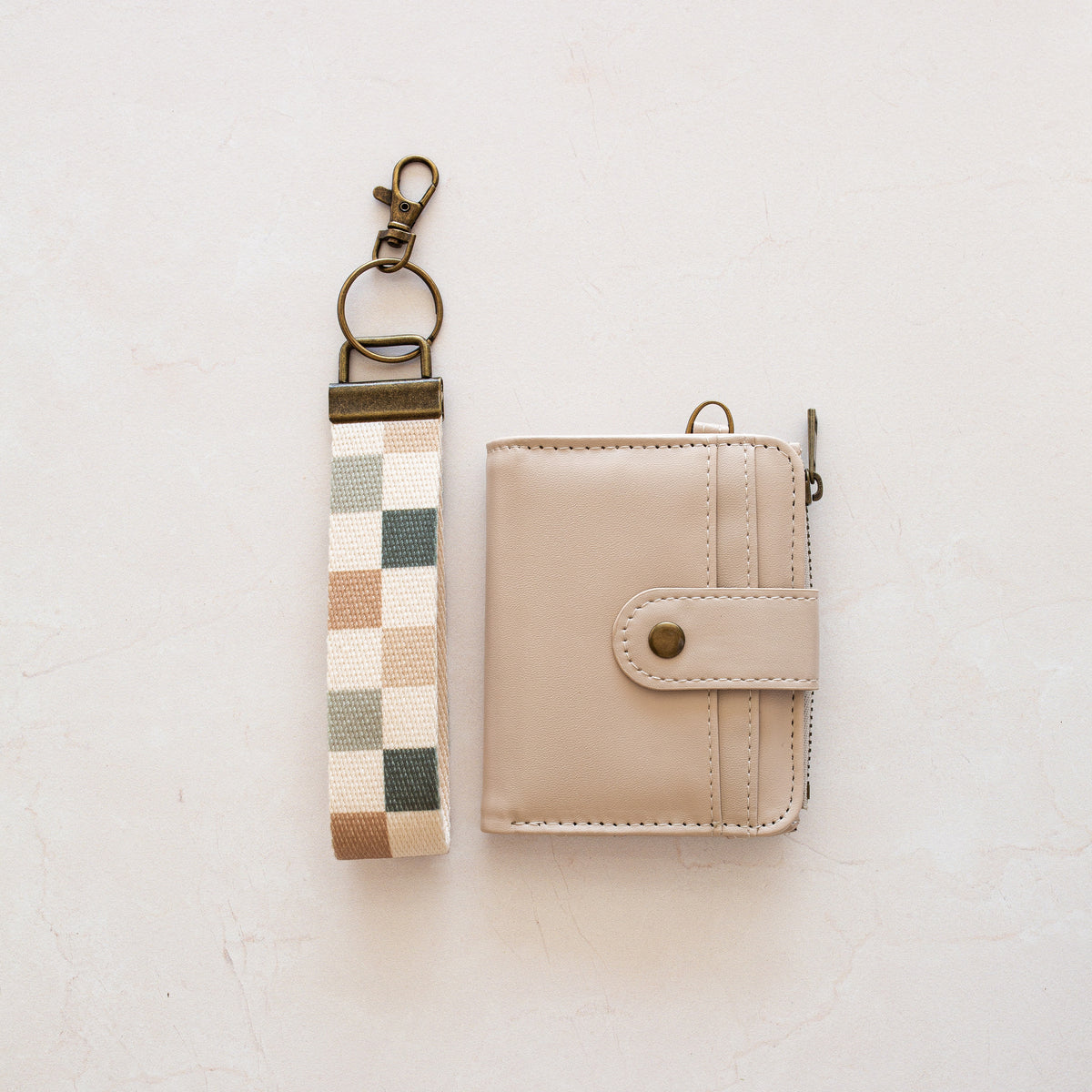 Beige bifold wallet with Boho Checker wrist lanyard