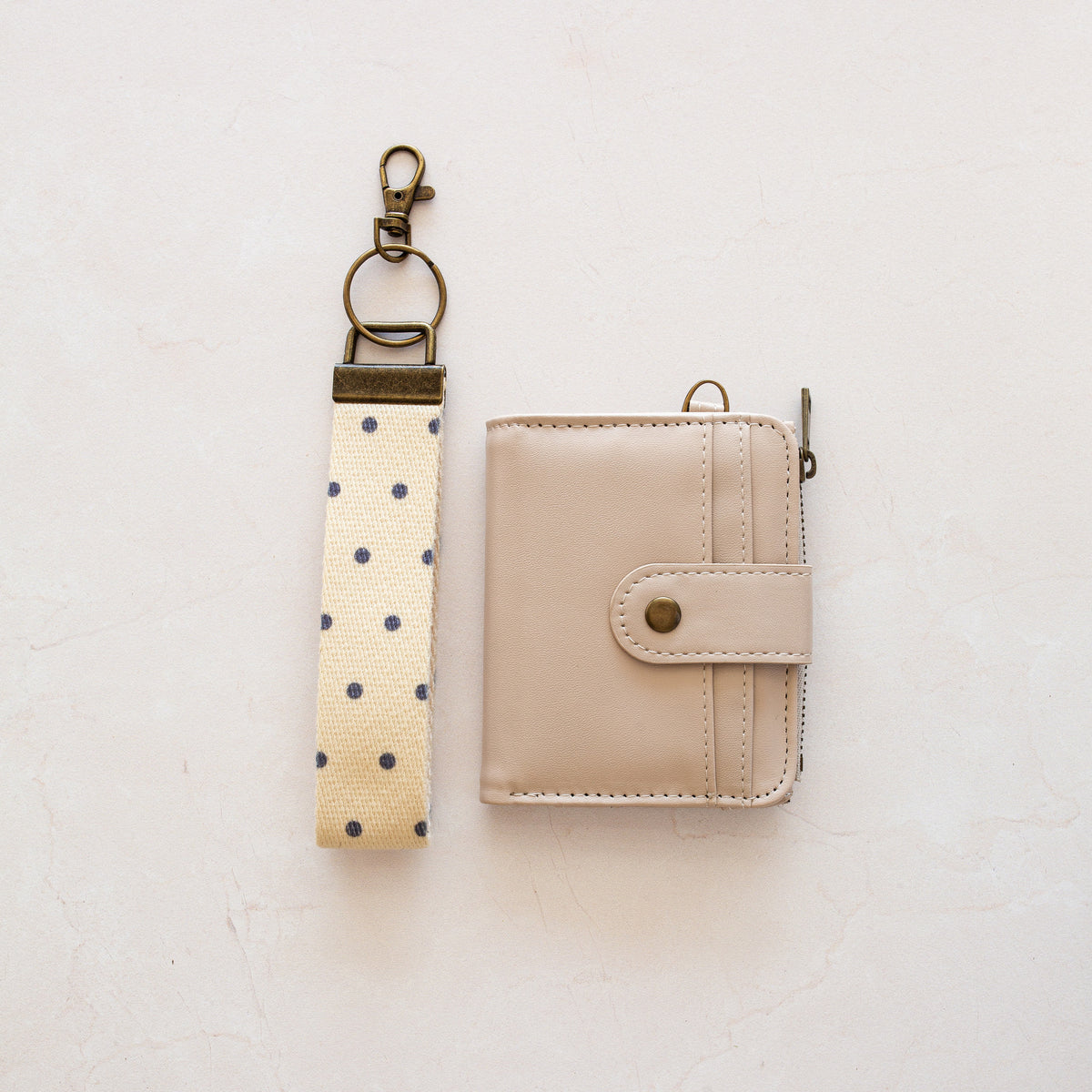 Beige bifold wallet with Yellow Blue Polka wrist lanyard